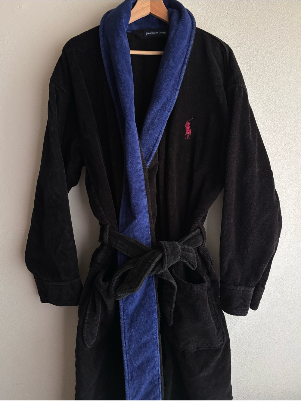 Polo Ralph Lauren Vintage Terry Cloth Robe Black Blue Shawl Collar Pony Logo